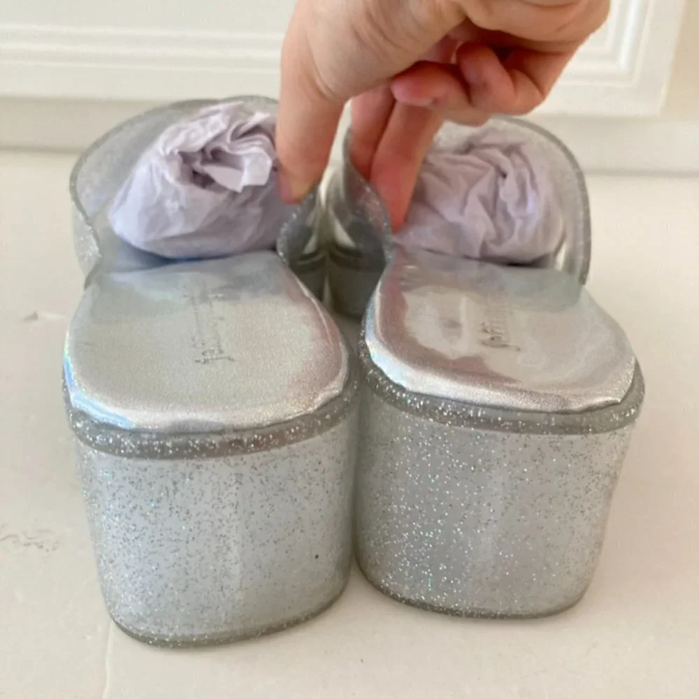 Jeffrey Campbell Silver Glitter Platform Slide Sandals